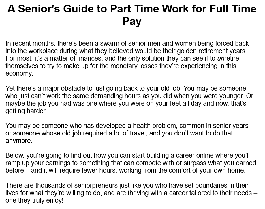 A Senior’s Guide to Part Time Work for Full Time Pay Limit 50 PLR